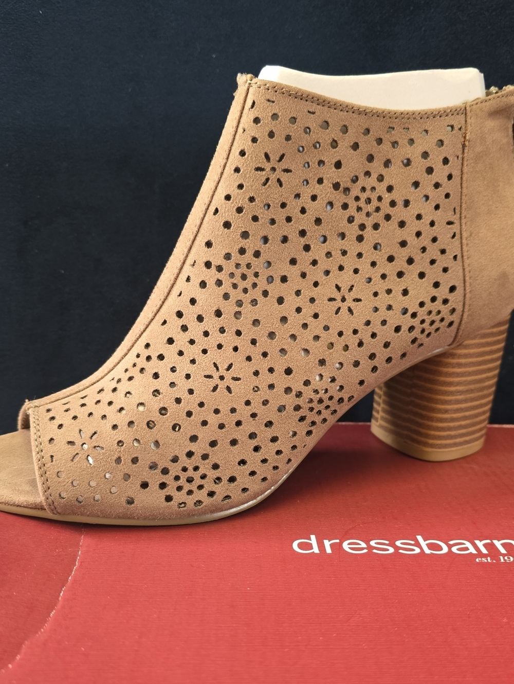 dressbarn Tan Perforated Suede Peep-Toe Block Heel Bootie